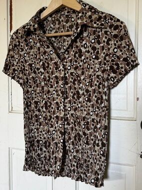 Vintage 90s Pleated Stretch Blouse | Brown Abstract Button Up Top